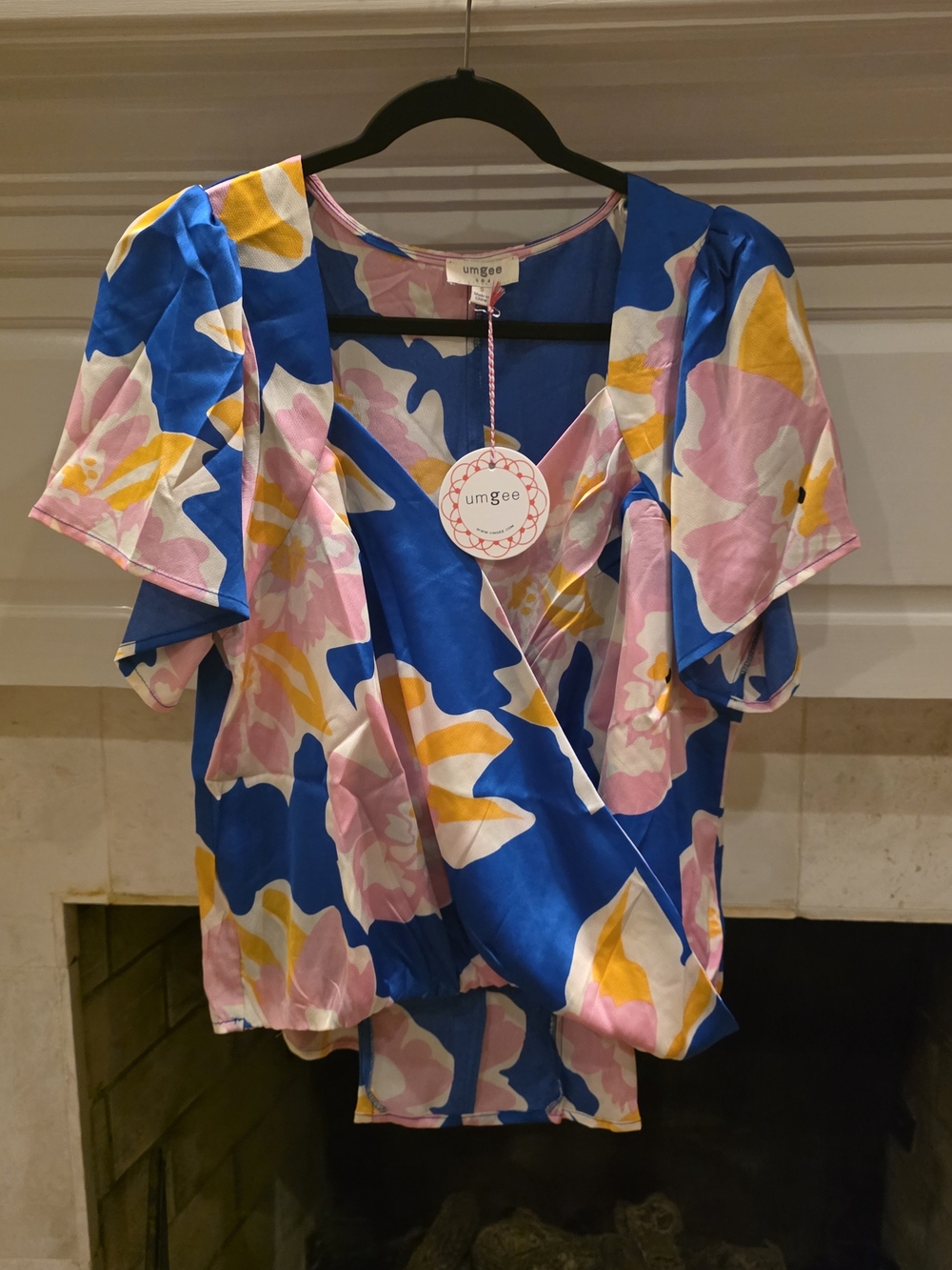 Umgee Blue Floral Wrap Blouse with Pink & Yellow Accents